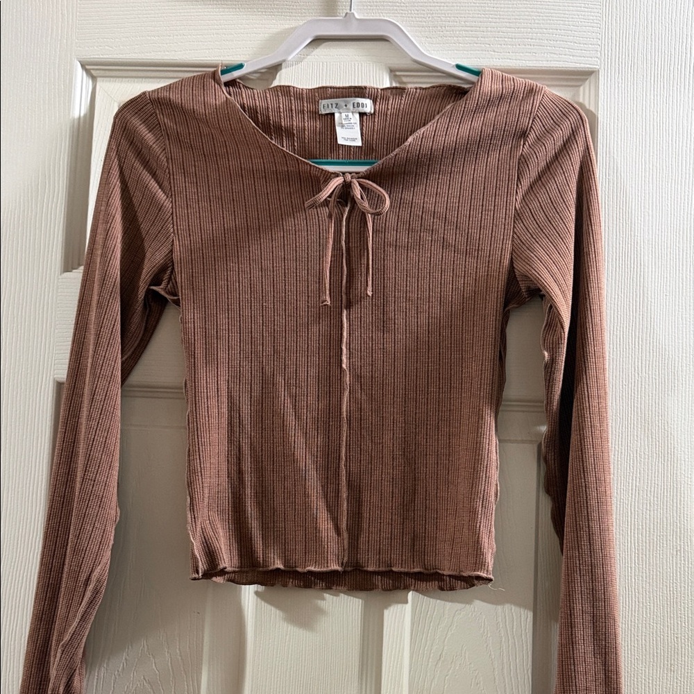Stylish Cocoa Ribbed Long Sleeve Top